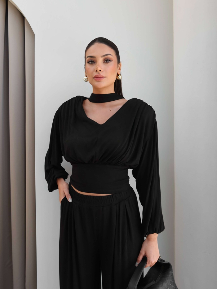 Fularlı Vatkalı Bluz Pantolon Takım
