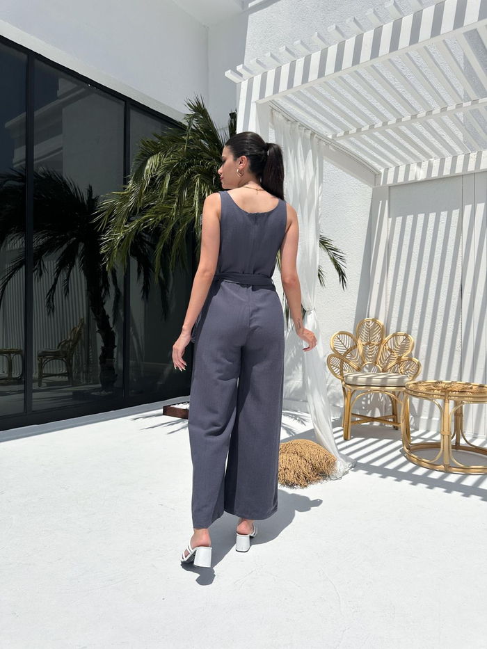 Füme Keten Kuşaklı Tulum