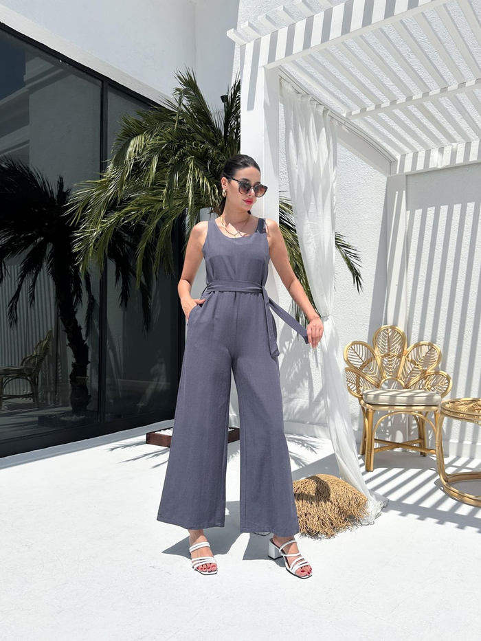 Füme Keten Kuşaklı Tulum
