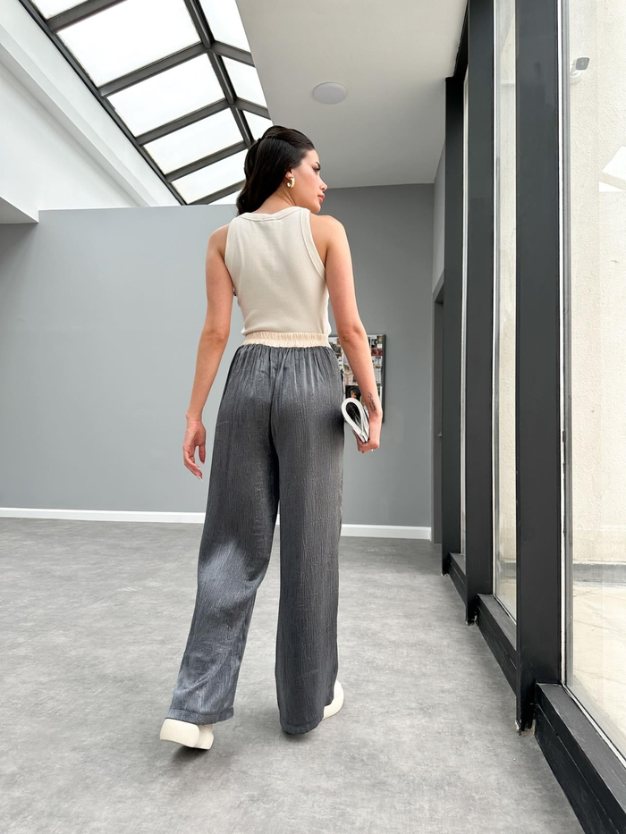 Füme Kontrast Belli Lastıklı Pantolon