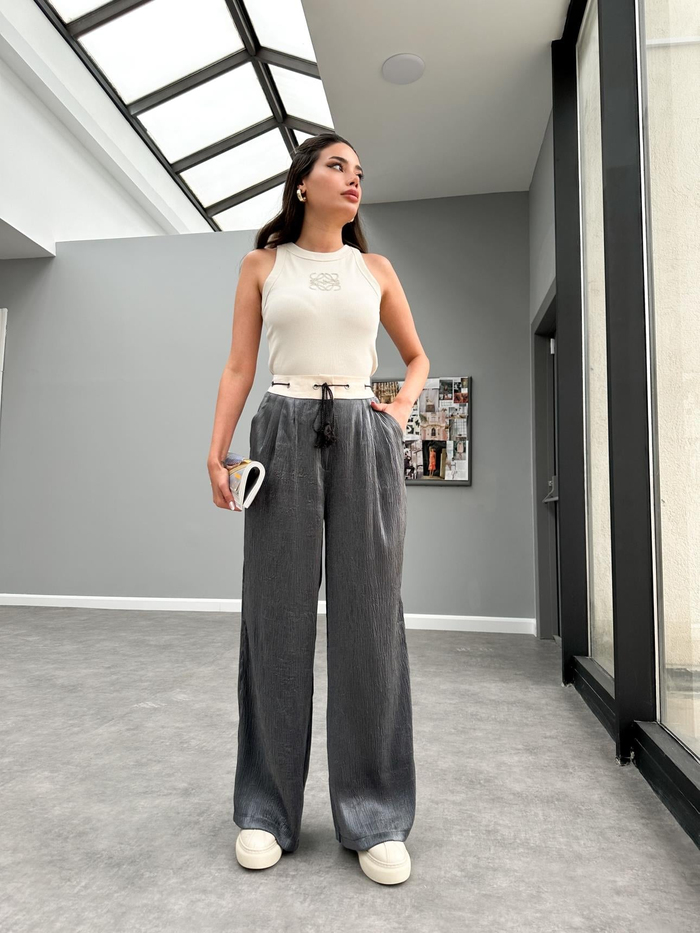 Füme Kontrast Belli Lastıklı Pantolon