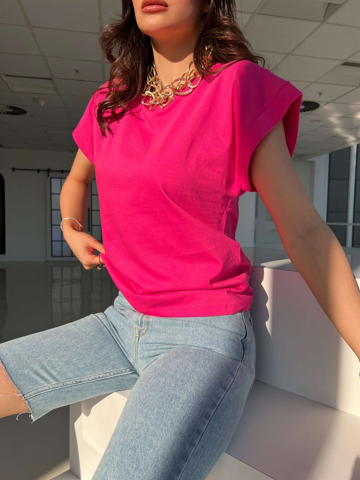 Fuşya Bisiklet Yaka Kısa Basic Tshirt