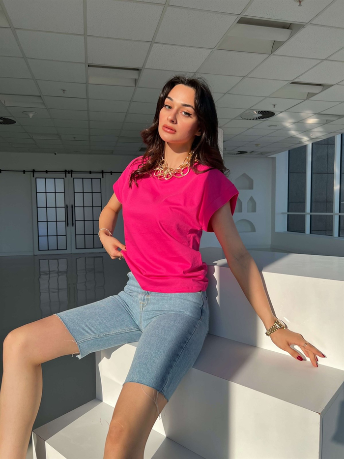 Fuşya Bisiklet Yaka Kısa Basic Tshirt