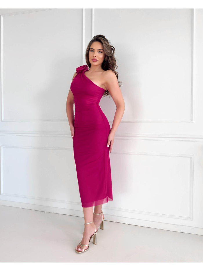 Fuşya Çiçek Broşlu Tek Omuz Elbise