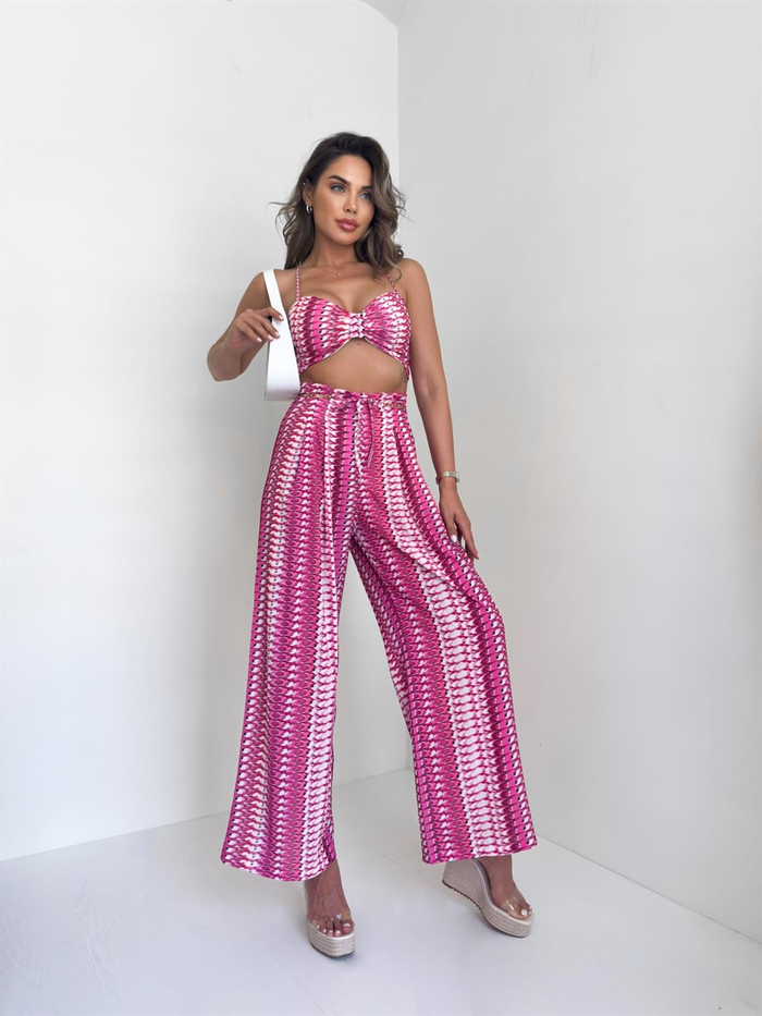 Fuşya Desenli Crop Takım