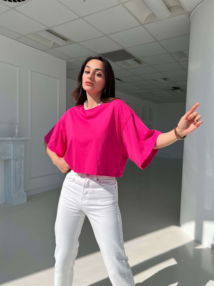 Fuşya Geniş Kol Crop Tshirt