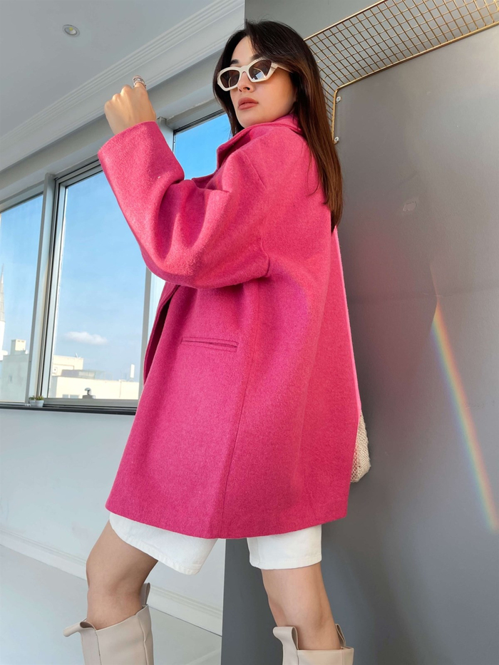Fuşya Oversize Mevsimlik Kaşe Kaban