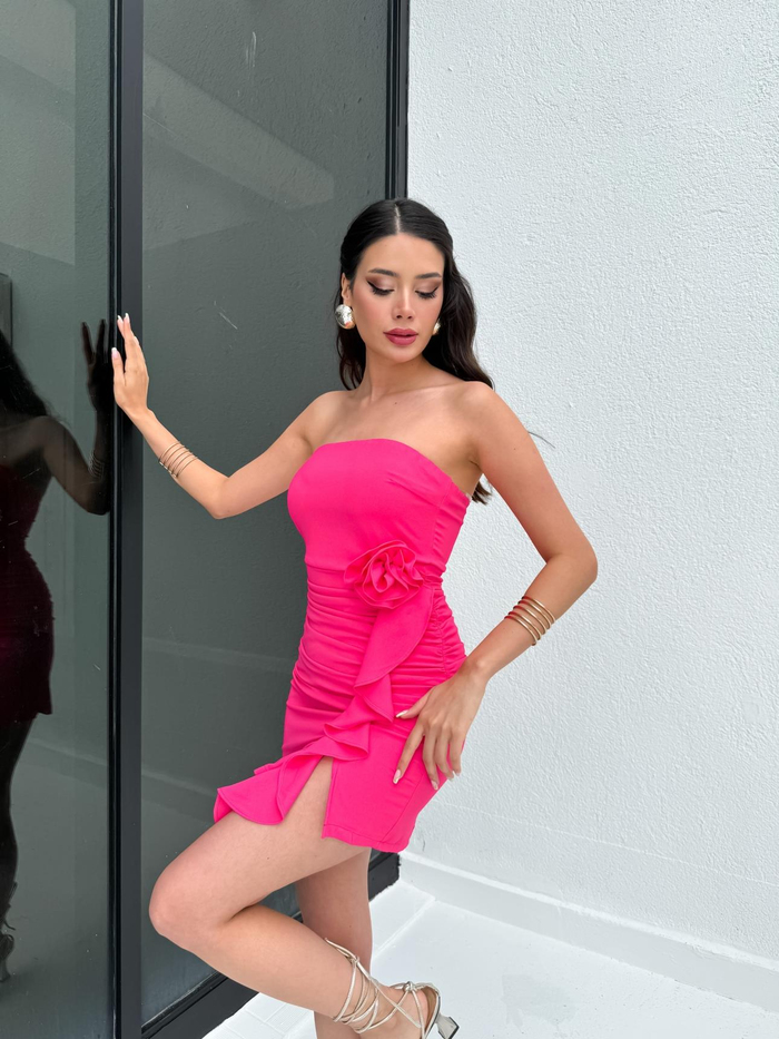 Fuşya Straplez Çiçekli Mini Elbise