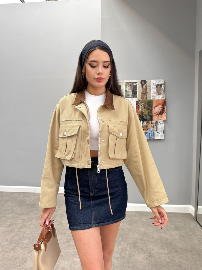 Gabardin Torba Cepli Crop Ceket