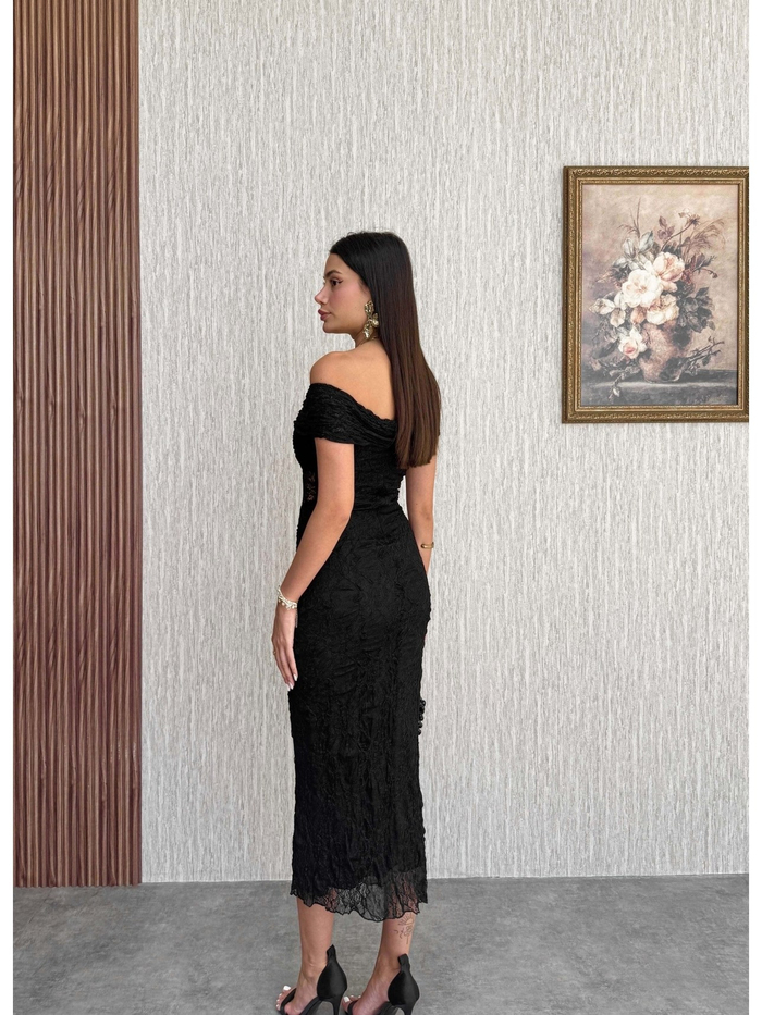 Göğüs Düğümlü Astarlı Dantel Elbise