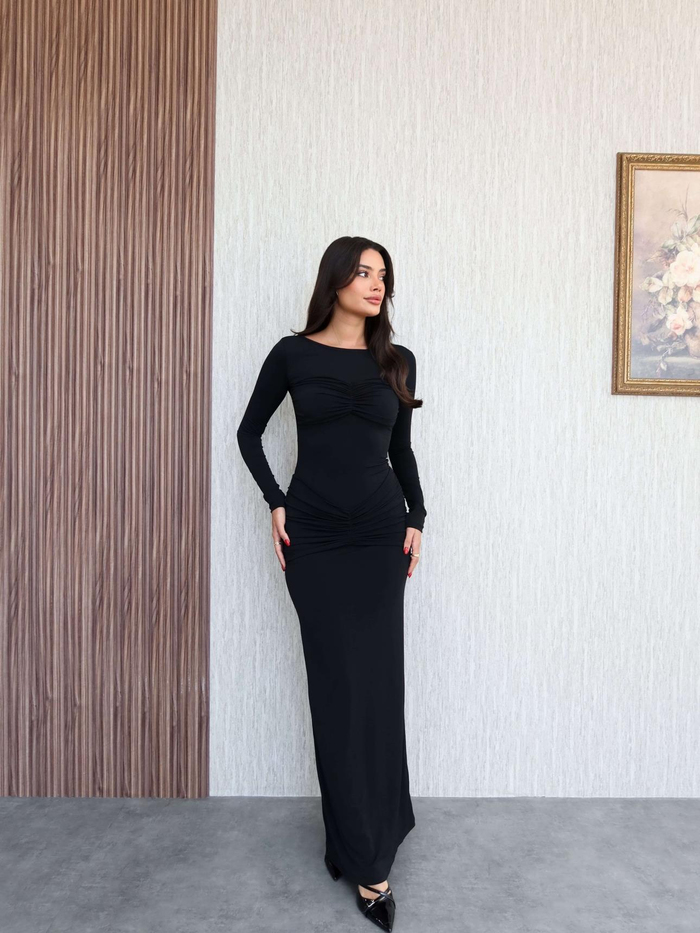 Göğüs Ve Bel Drape Büzgülü Maxi Elbise