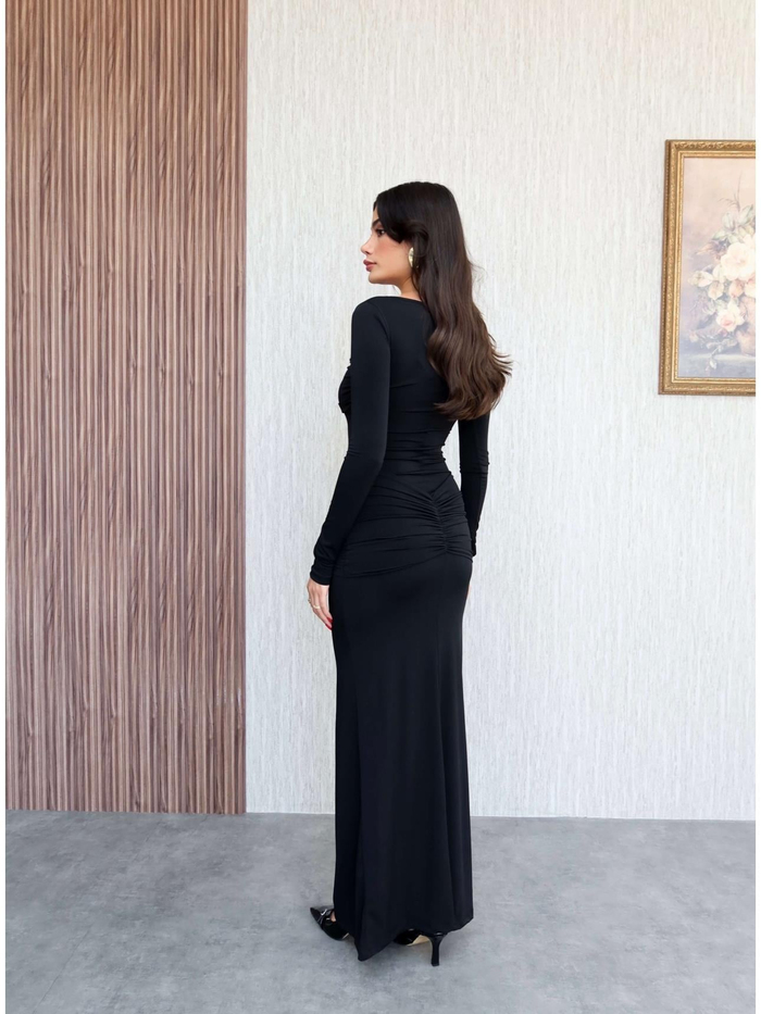 Göğüs Ve Bel Drape Büzgülü Maxi Elbise