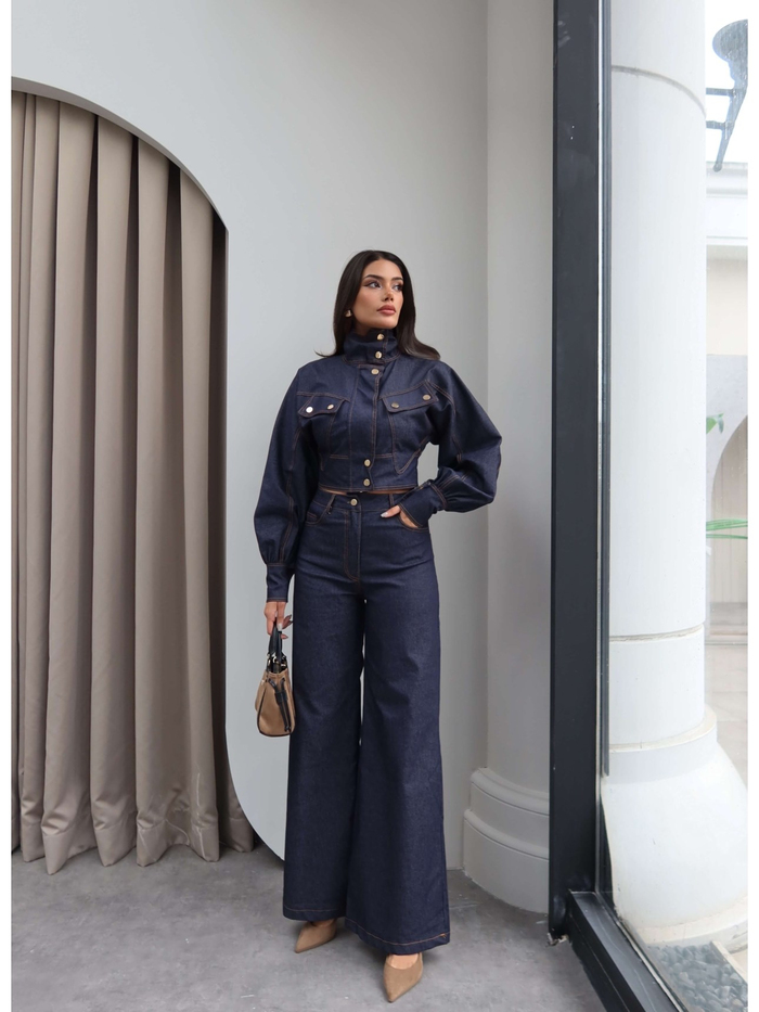 Gold Çıtçıtlı Balon Kol Denim Takım