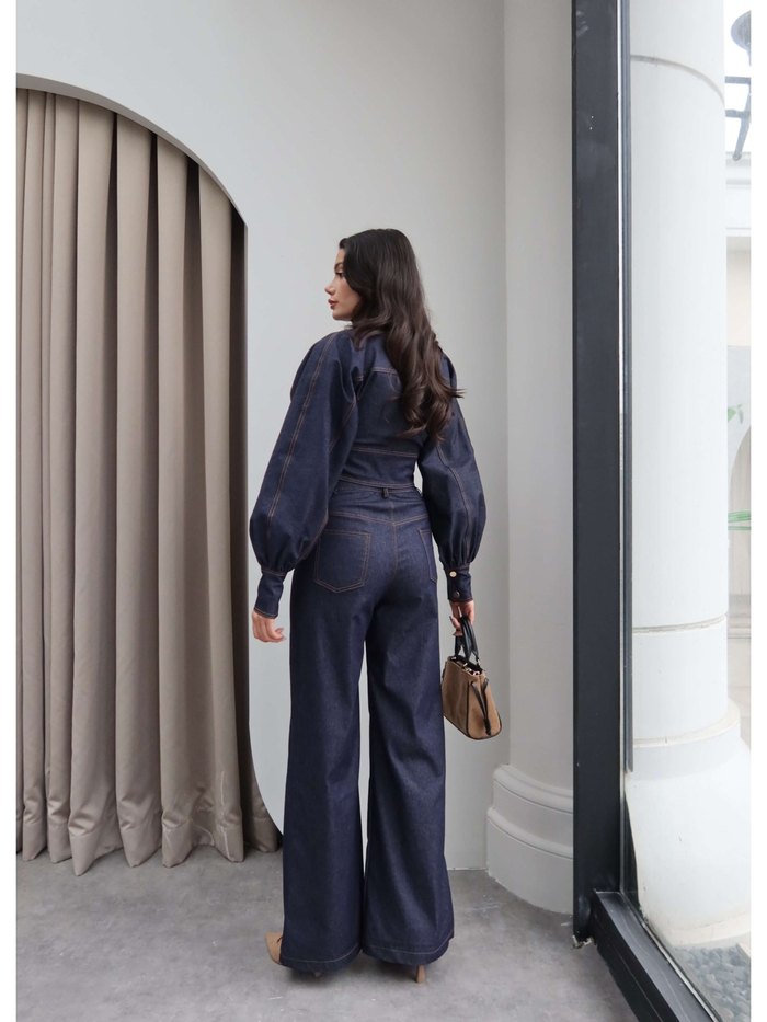 Gold Çıtçıtlı Balon Kol Denim Takım