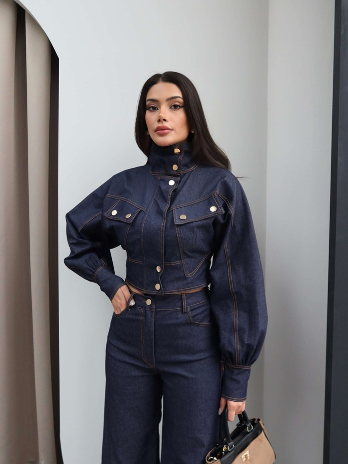 Gold Çıtçıtlı Balon Kol Denim Takım