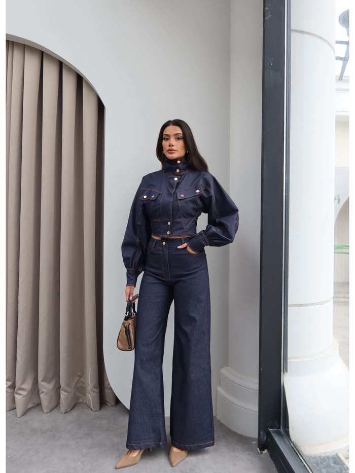 Gold Çıtçıtlı Balon Kol Denim Takım