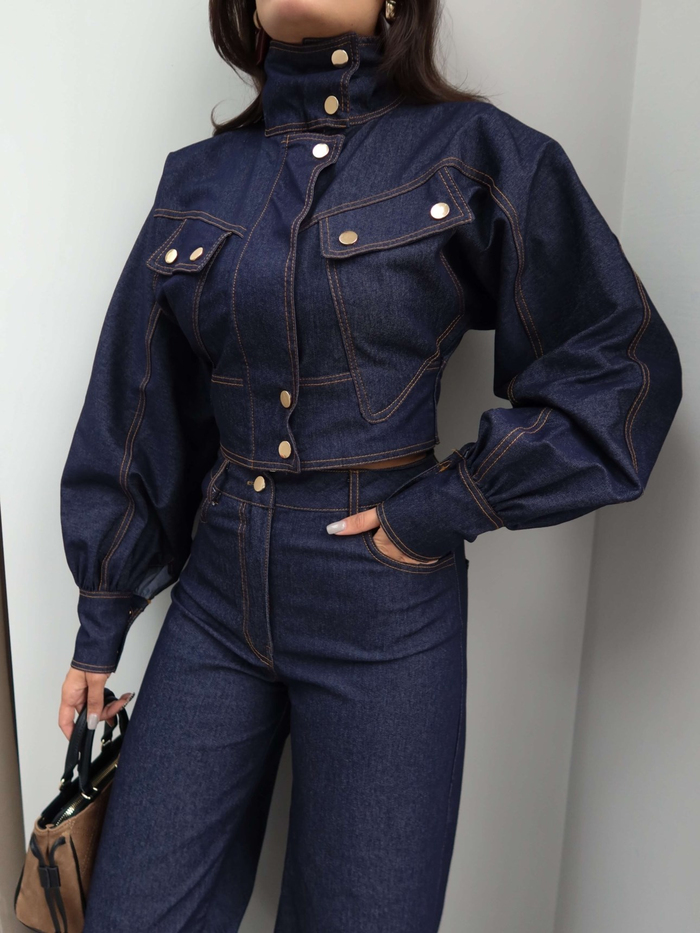 Gold Çıtçıtlı Balon Kol Denim Takım