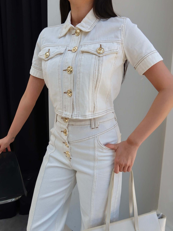 Gold Düğmeli Denim Ceket Pantolon Takım