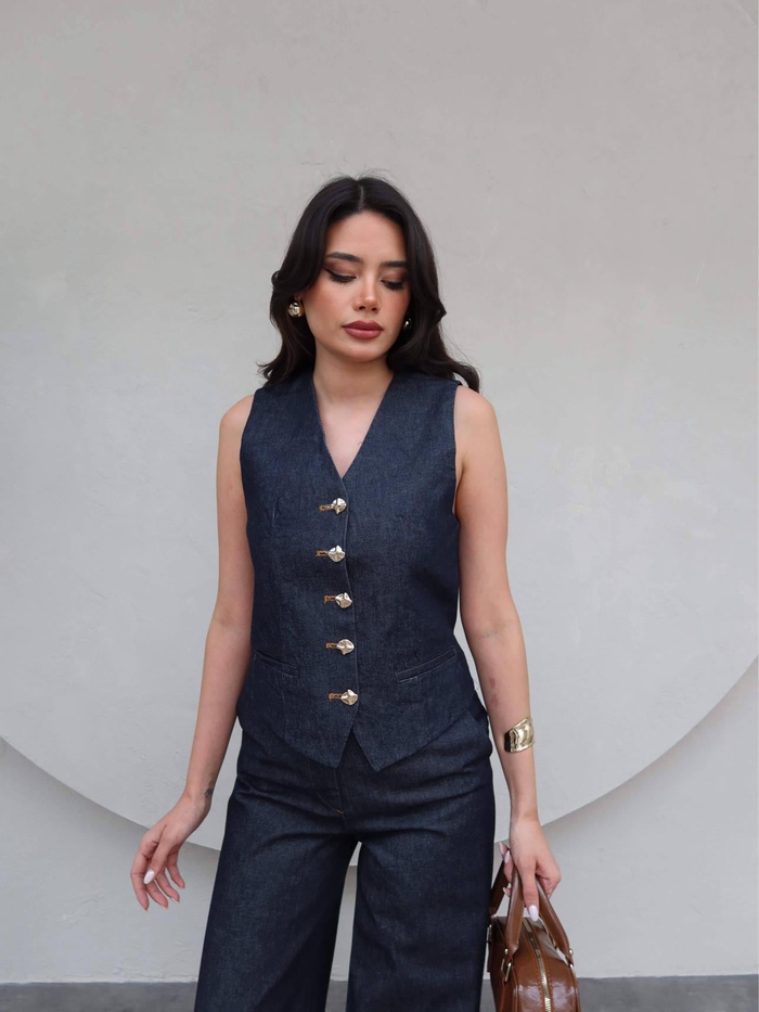 Gold Düğmeli Denim Yelek