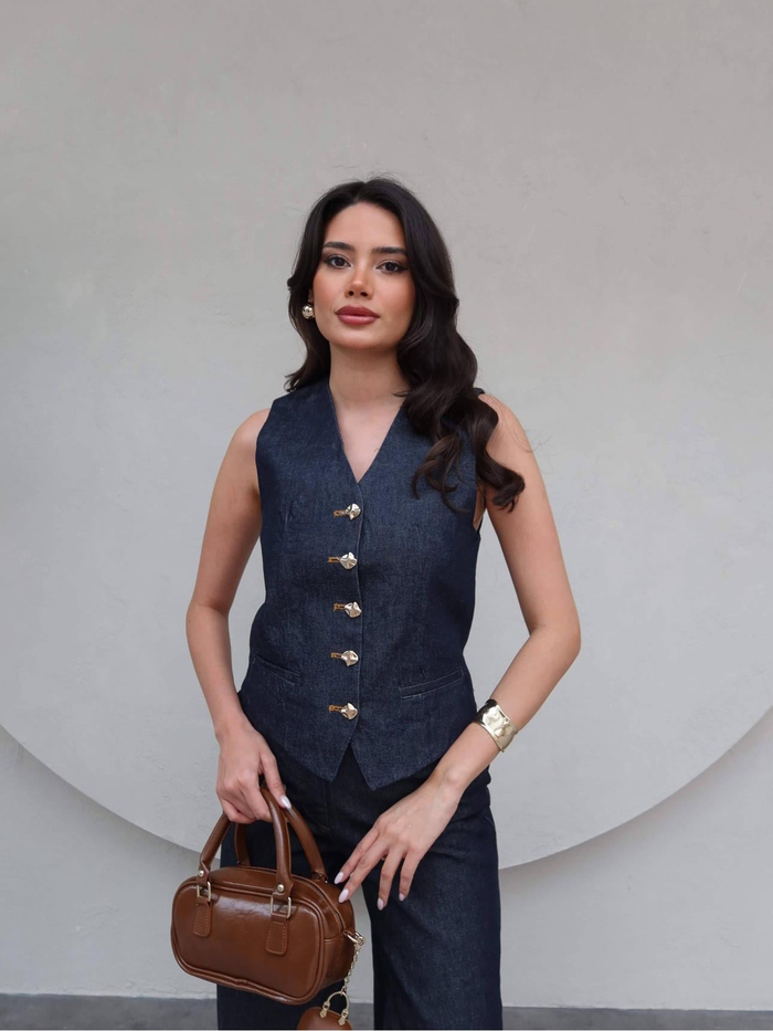 Gold Düğmeli Denim Yelek