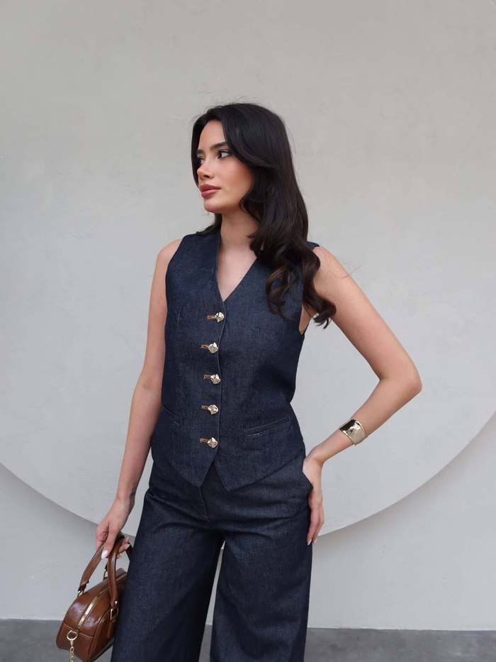 Gold Düğmeli Denim Yelek