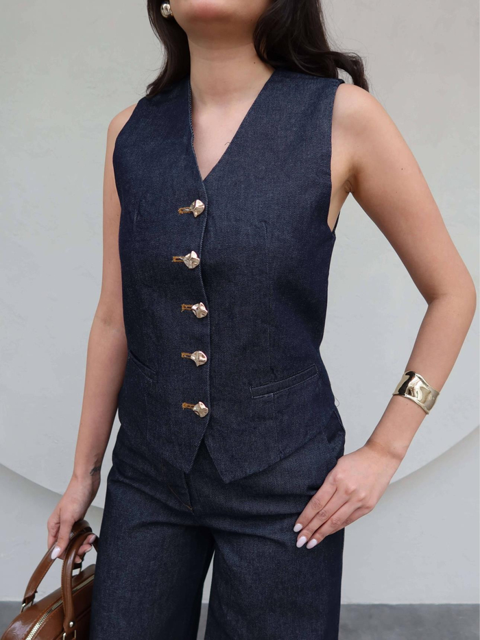 Gold Düğmeli Denim Yelek