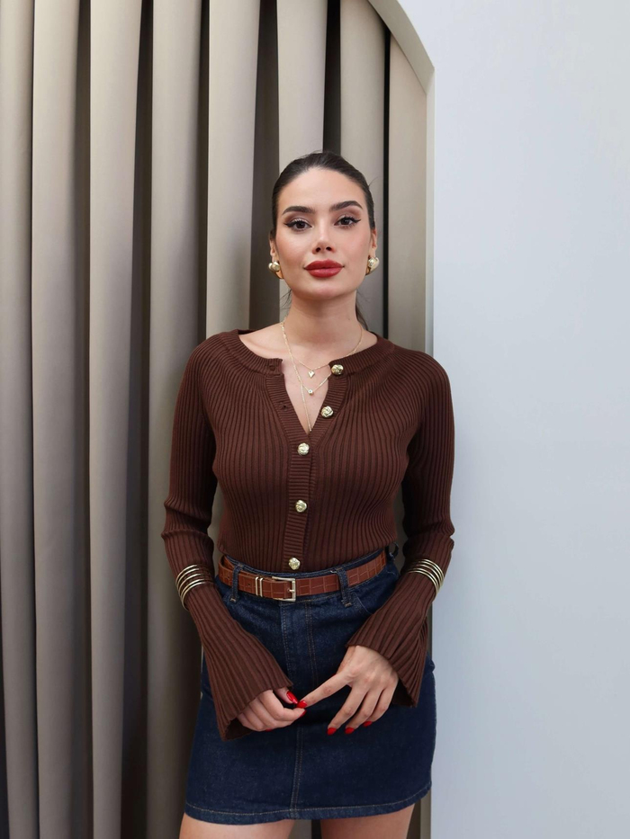 Gold Düğmeli Fitilli Hırka