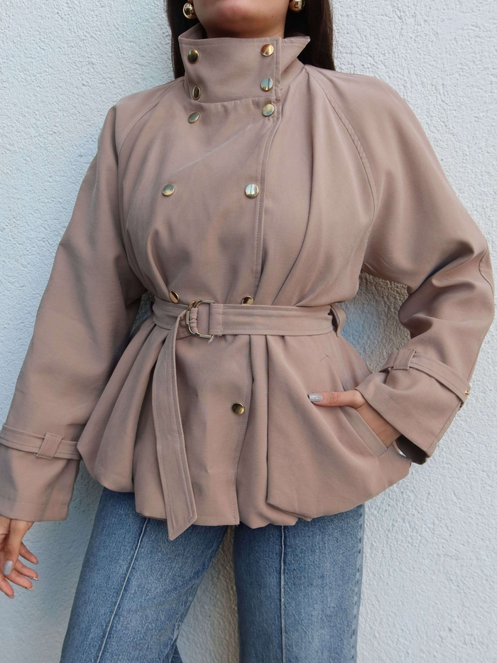 Gold Düğmeli Kemerli Trench