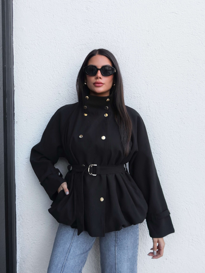 Gold Düğmeli Kemerli Trench
