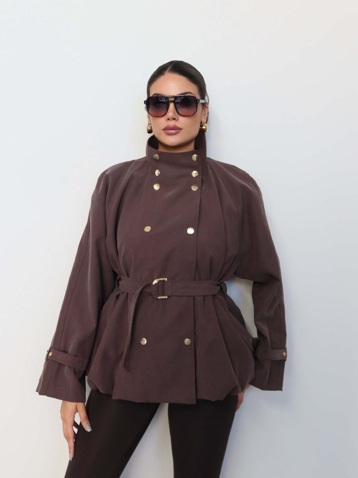 Gold Düğmeli Kemerli Trench
