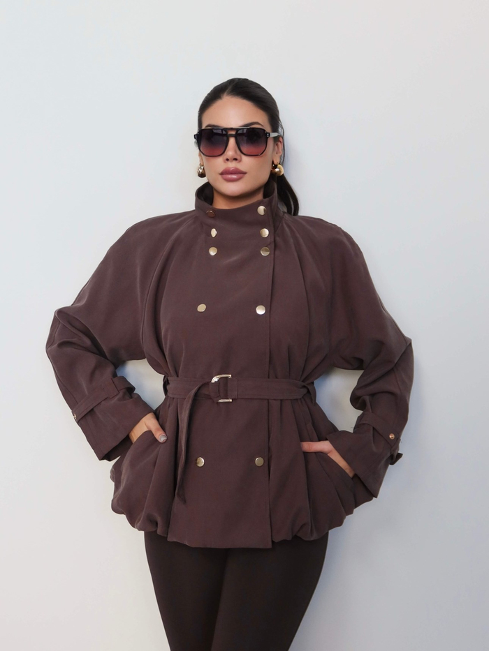 Gold Düğmeli Kemerli Trench