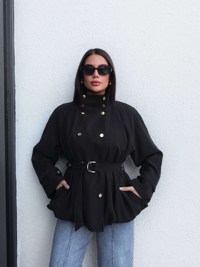 Gold Düğmeli Kemerli Trench