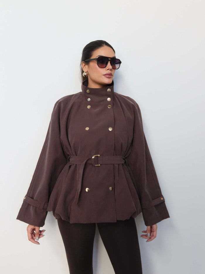 Gold Düğmeli Kemerli Trench