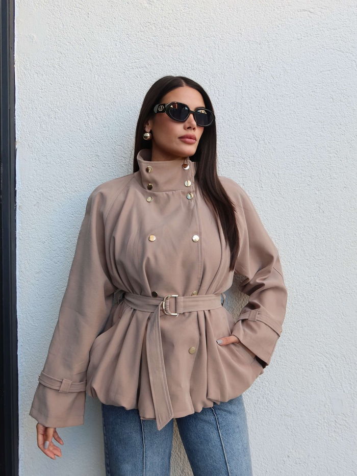 Gold Düğmeli Kemerli Trench