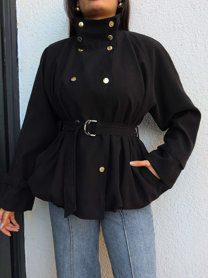 Gold Düğmeli Kemerli Trench