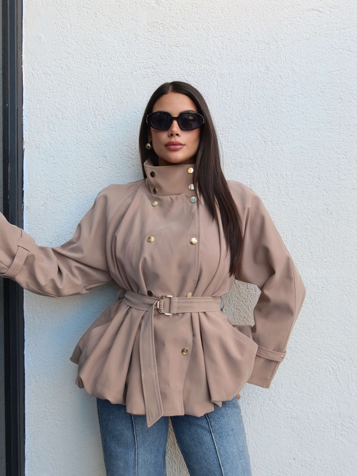 Gold Düğmeli Kemerli Trench