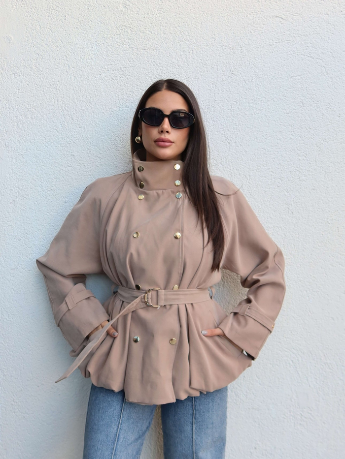 Gold Düğmeli Kemerli Trench