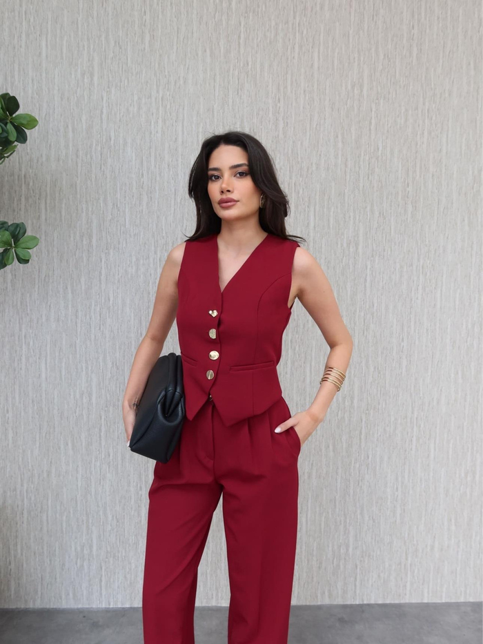 Gold Düğmeli Yelek Pantolon Takım