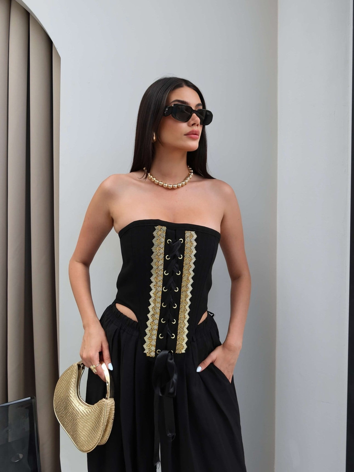 Gold İşlemeli Straplez Korse