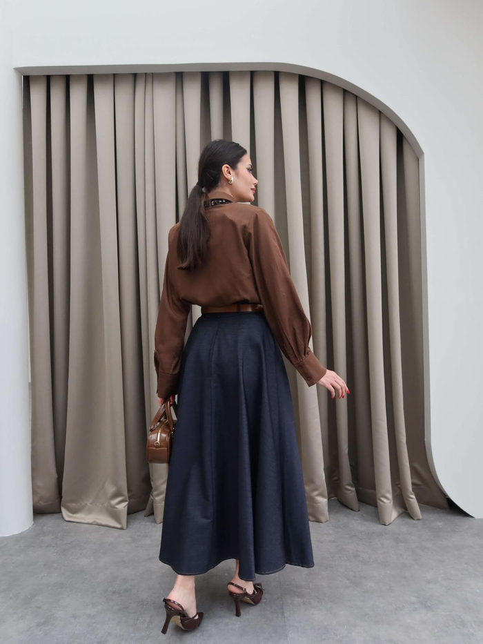 Gold Toka Kemerli Tencel Kot Midi Etek