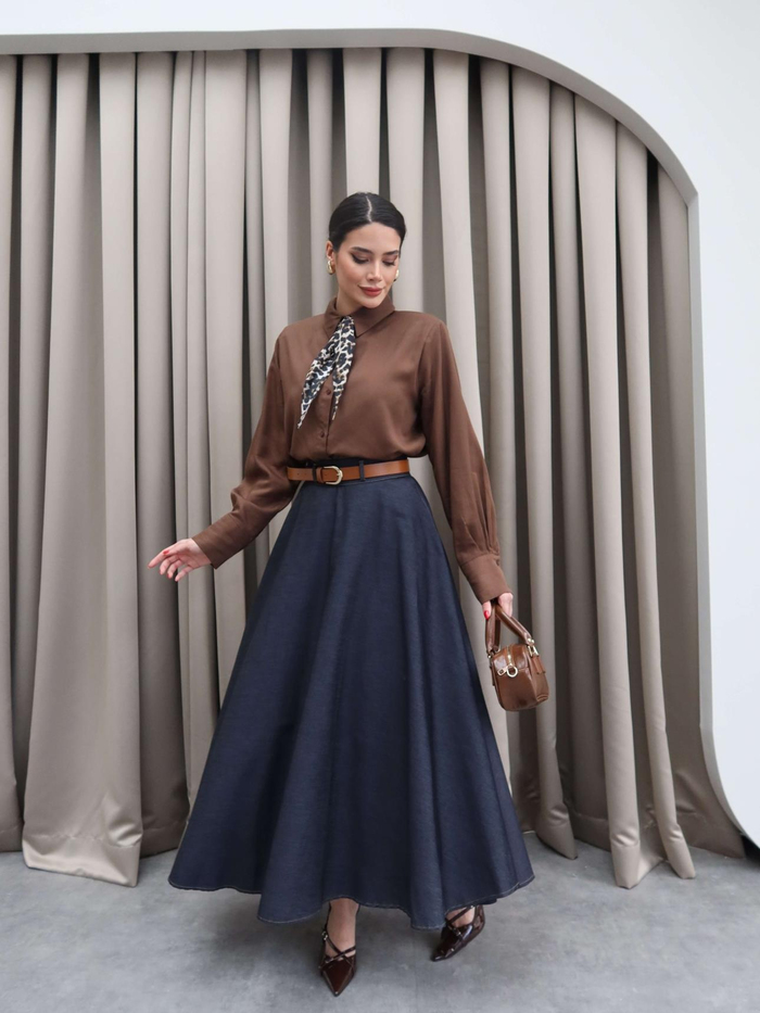 Gold Toka Kemerli Tencel Kot Midi Etek