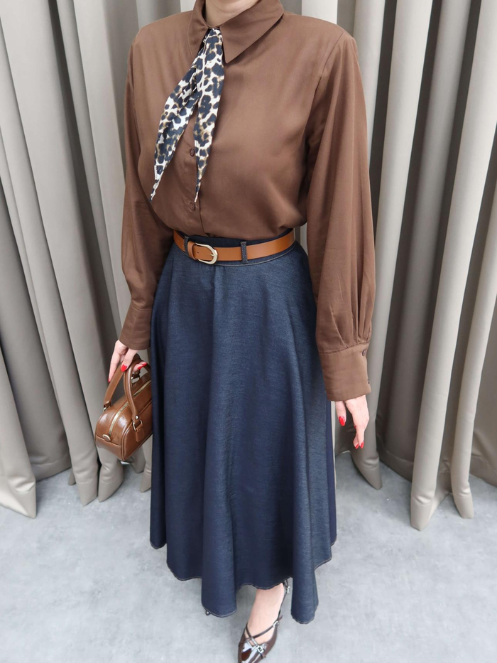Gold Toka Kemerli Tencel Kot Midi Etek