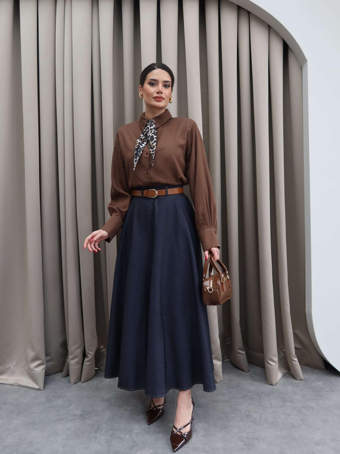 Gold Toka Kemerli Tencel Kot Midi Etek