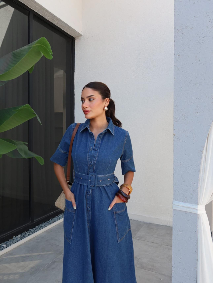 Gömlek Yaka Kemerli Cep Detay Denim Elbise