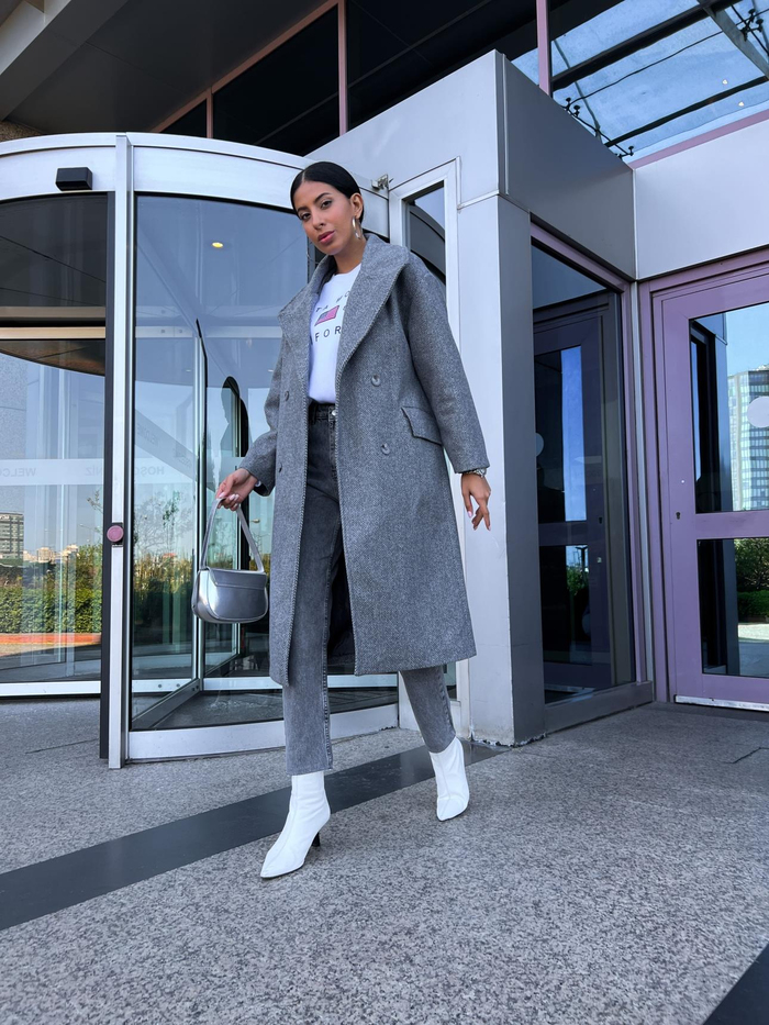 Gri Balıksırtı Oversize Kaban