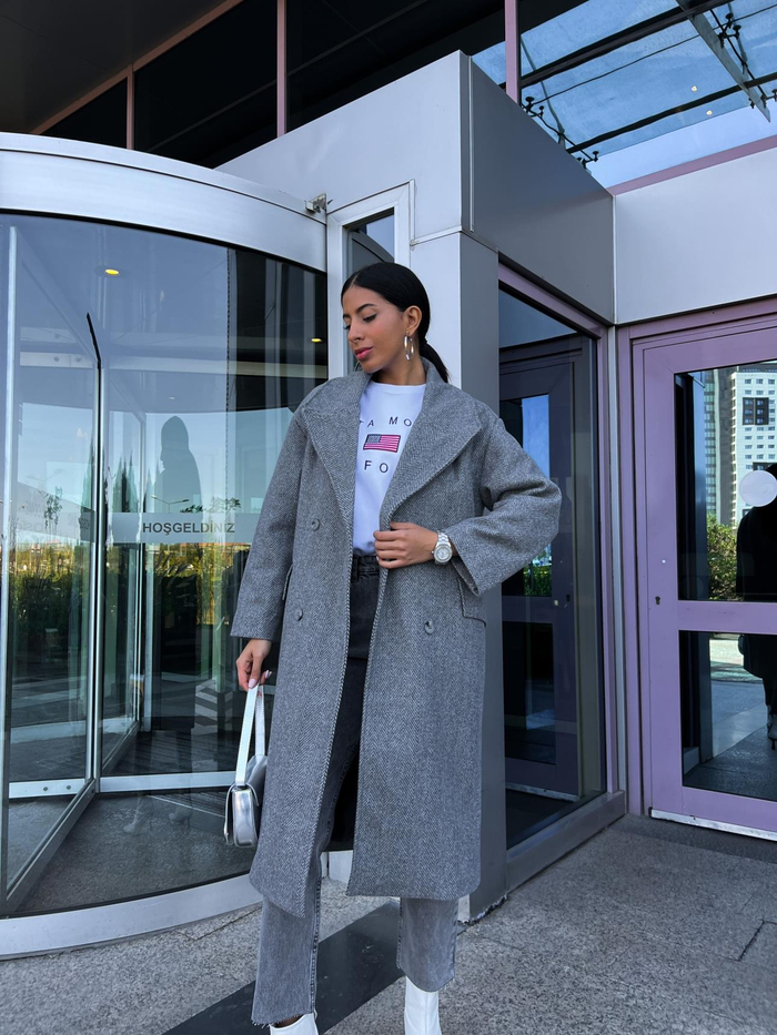 Gri Balıksırtı Oversize Kaban