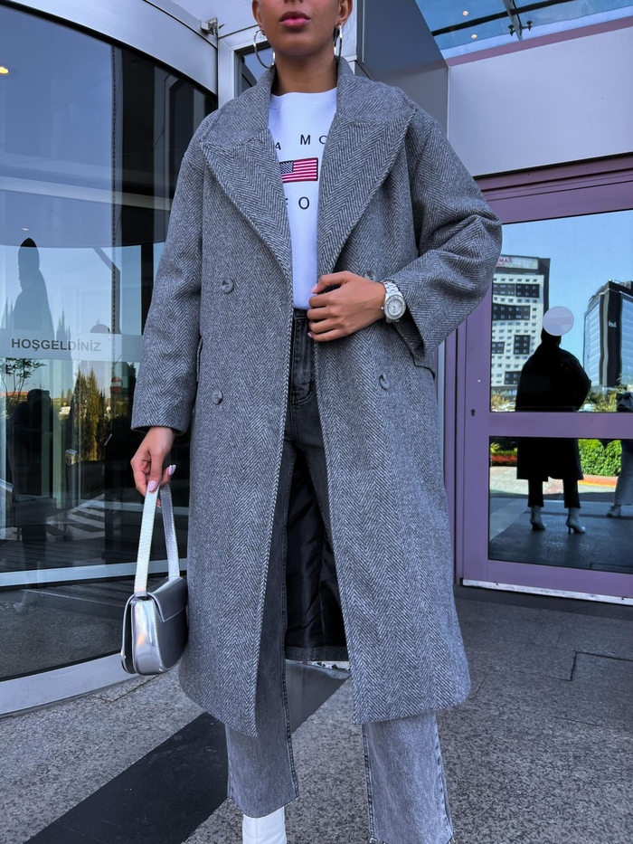 Gri Balıksırtı Oversize Kaban
