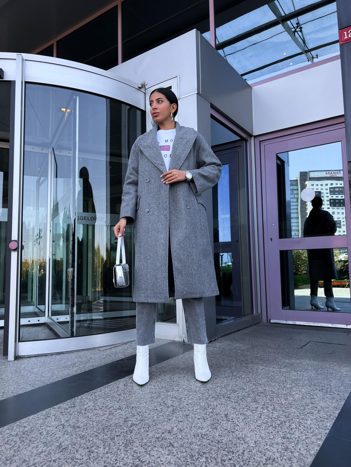 Gri Balıksırtı Oversize Kaban