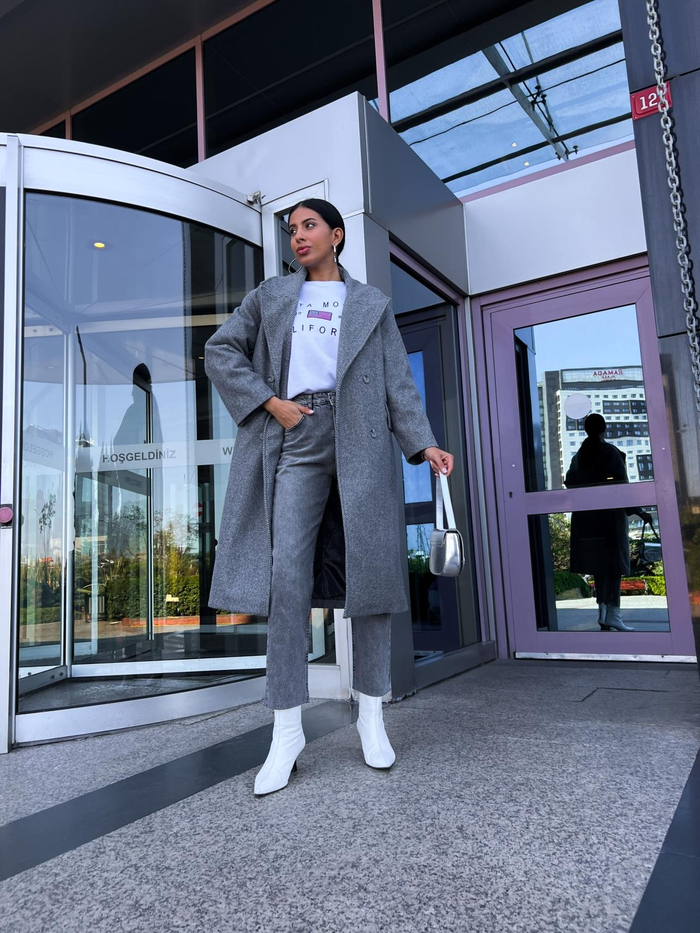 Gri Balıksırtı Oversize Kaban