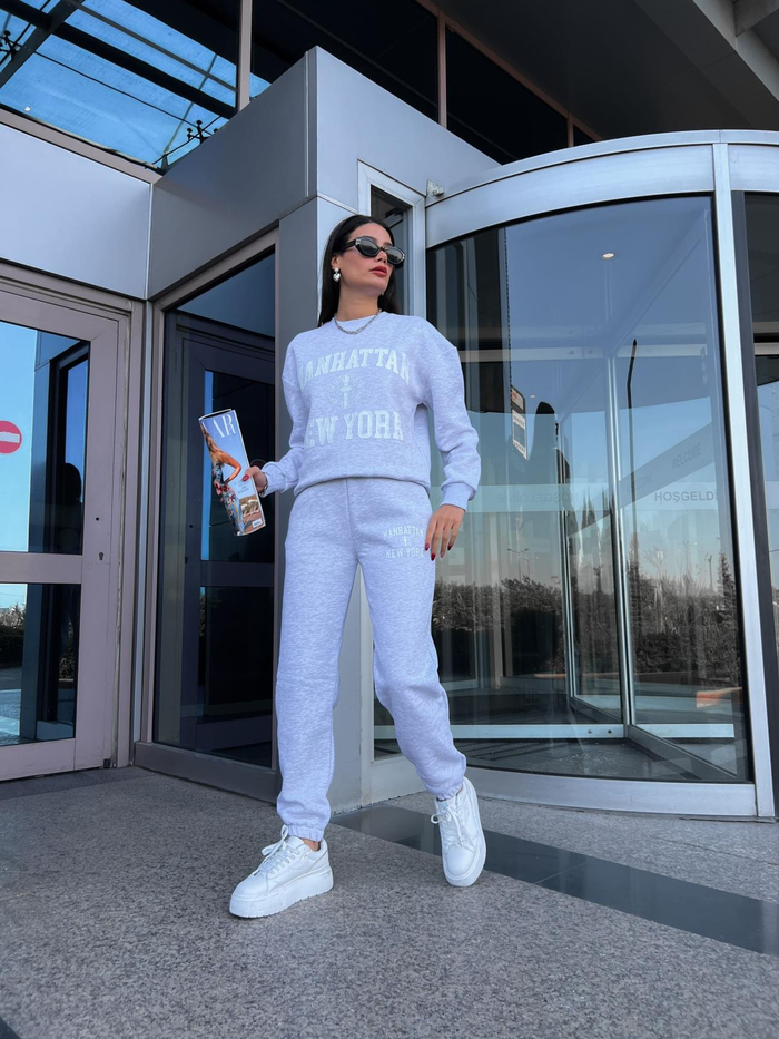 Gri Baskılı Örme Takım